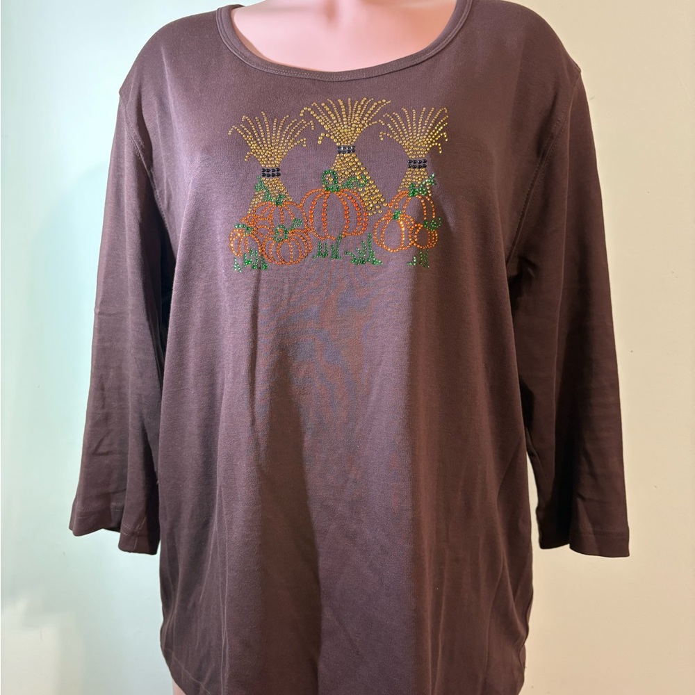 Isaac’s Designs women 1X Brown shirt w/Pumpkin‎ Corn stalk Rhinestone and Stud